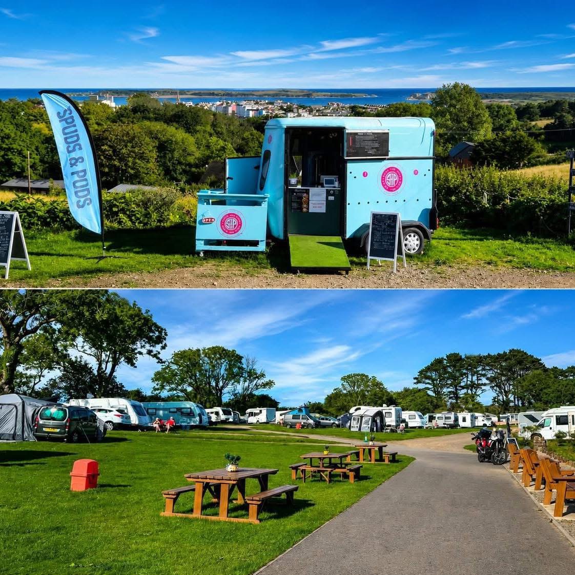The Spuds & Puds trailer above Tenby with sea views, and picnic benches on the Meadow Farm campsite