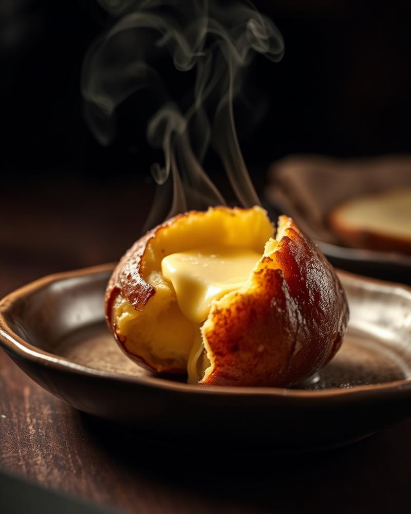 Steaming jacket potato cracked open with melting butter